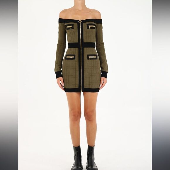 Balmain Off Shoulder Knit Dress Green - Picture 1 of 13